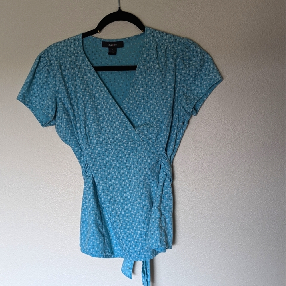 NWOT Style & Co Teal Polkadot Tie Blouse Size 6